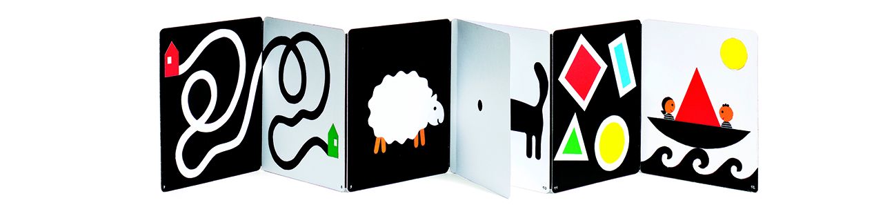 Couverture du livre objet Imagier pour jouer de Pascale Estellon aux éditions Les grandes personnes. On y voit un livre déplié avec une illustration continue d'un chemin, d'un mouton, d'un chat, de formes géométrique et d'un bateau